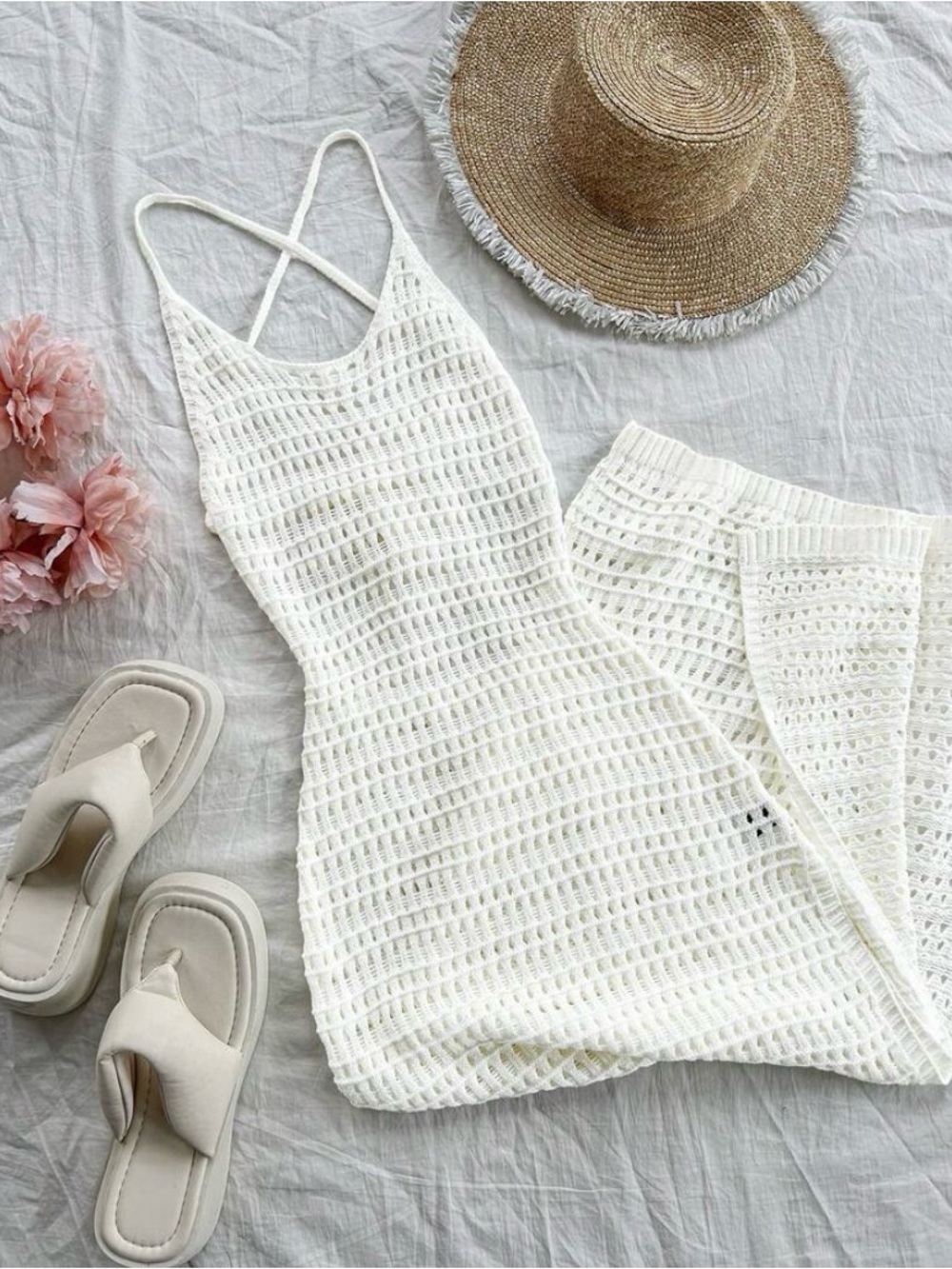 SHEIN White Crocheted Strappy Midi Dress